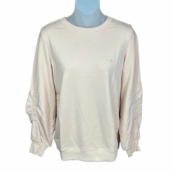 Calvin Klein Sweatshirt Crew Neck Blush Pink Tan Gathered Sleeves CK Logo XS - Picture 1 of 16